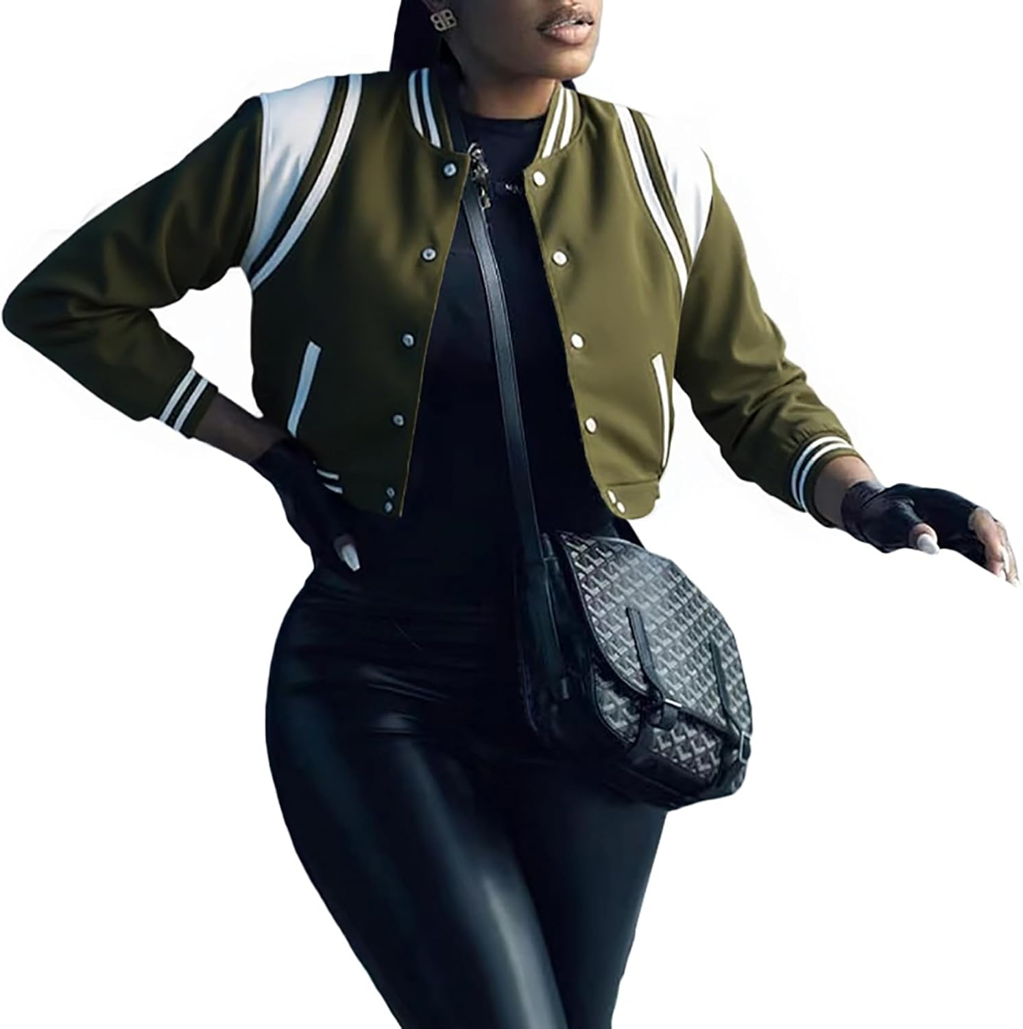 AIIYYQB Womens Cropped Bomber Jacket Long Sleeve Button Down Baseball Varsity Fall Outerwear