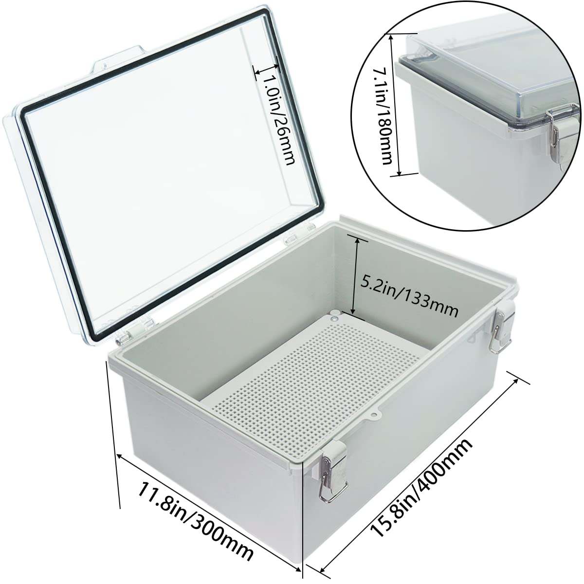 Junction Box, Hinged Clear Cover Stainless Steel Latch IP67 Waterproof ABS Project Box with 2 Cable Glands,Electrical Box Enclosure with Mounting Plate & Wall Bracket 15.7x11.8x7.1inch
