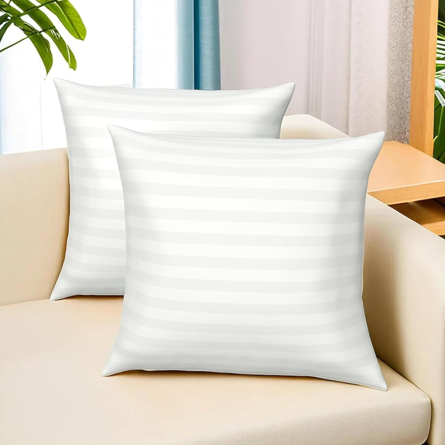 Cushions 16x16 Inch| 40x40 Cm, Filled with Microfiber Cushion for Sofa, Bed, Stripe White, Set of 2-image-42