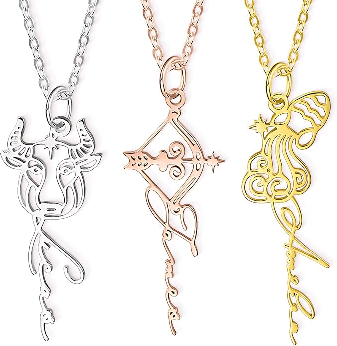 Custom Name Zodiac Sign Necklace for Women Men - Aries Taurus Gemini Cancer Leo Virgo Libra Scorpio Sagittarius Capricorn Aquarius Pisces Constellation Pendant Personalized Horoscope Jewelry Gifts