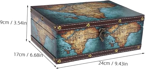 Miniatura 2 de Caja de almacenamiento de madera de estilo antiguo con diseño de mapa, organizador de recuerdos vintage para joyas, baratijas y documentos, baúl