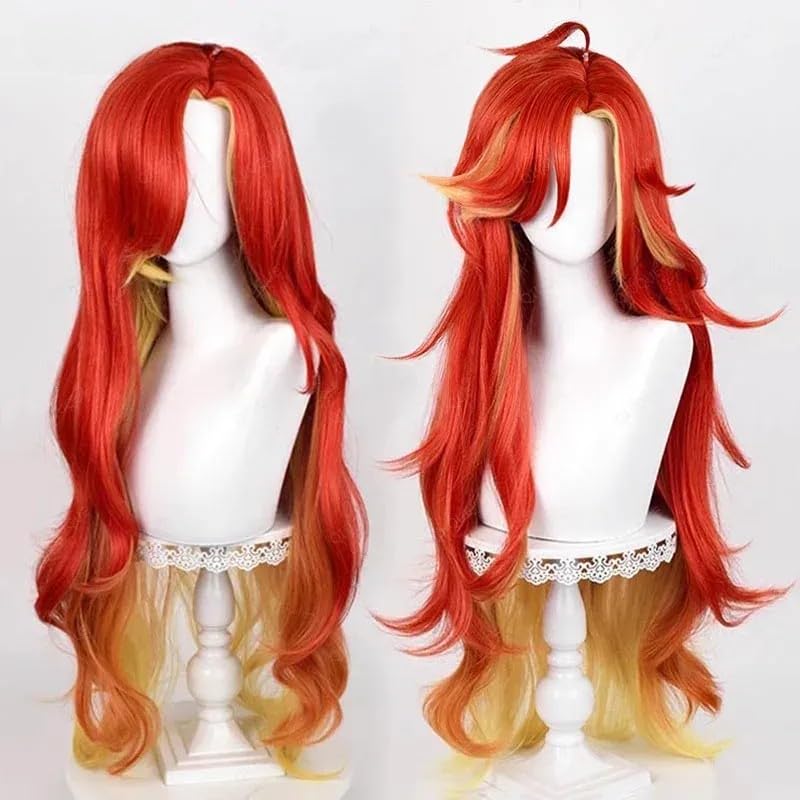 Red Yellow Wig for Mavuika Cosplay, Wavy Costume Wig, Synthetic Hair with Bang for Women Halloween Carnival Party - Image 6