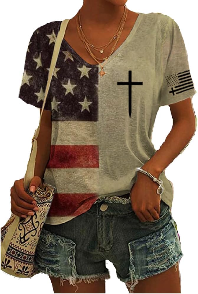 Usa Flag Cross Shirt Vintage Cross T Shirt Christian Shirt 4Th Of July T-Shirts For Women