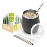 BALIBETOV Yerba Mate Cup and Bombilla Kit - 8oz Mate Gourd with Lid, Two Bombillas, Cleaning Brush, and Pack of 6 Organic Yerba Mate Tea (70g Each) (Black)