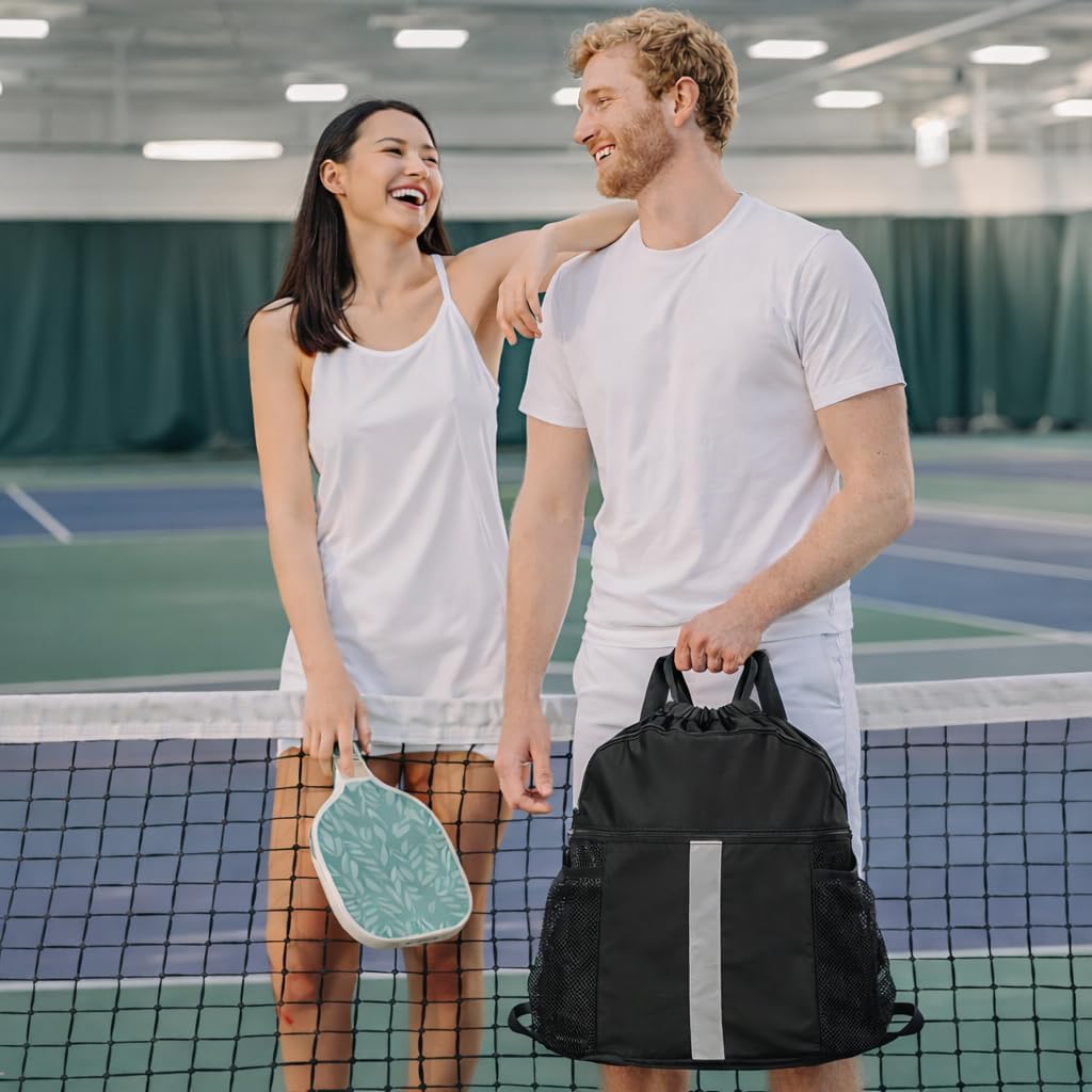 PPZ Drawstring Sports Backpack with Side Mesh Pockets, Lightweight Gym & Travel Bag with Water Bottle Holders for Fitness, Outdoor Activities and Daily Use – Black with White Stripe