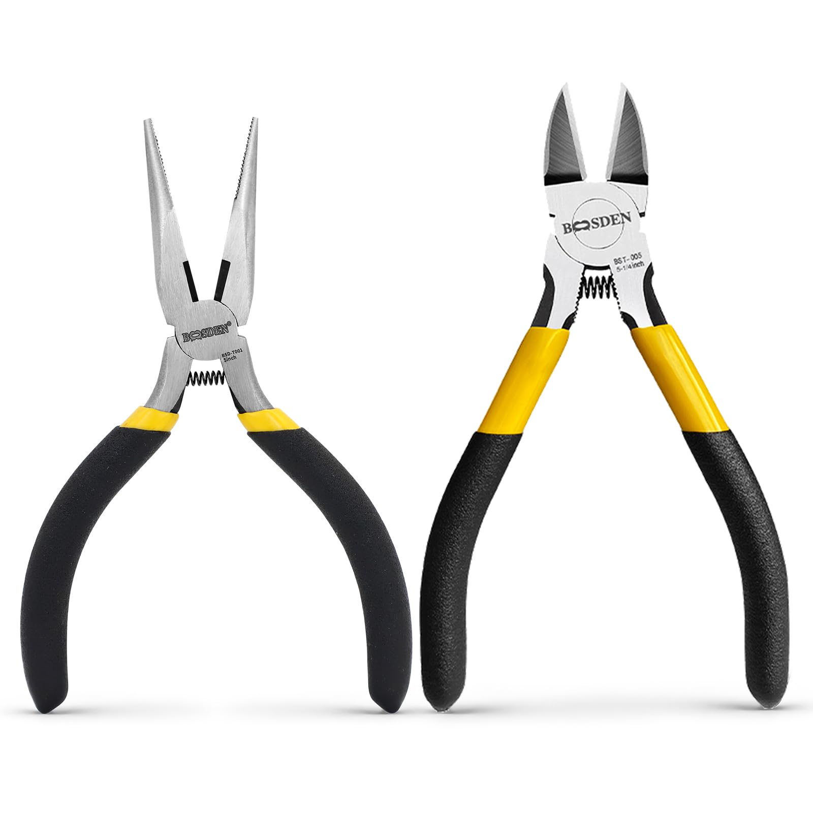 BOOSDEN 2-Piece 5-Inch Mini Pliers Set，Long Nose Plier and Wire Cutters, Professional High Carbon Steel Precision Jewelry Pliers with Spring Loaded for Crafting, Electrical Work and DIY Repairs