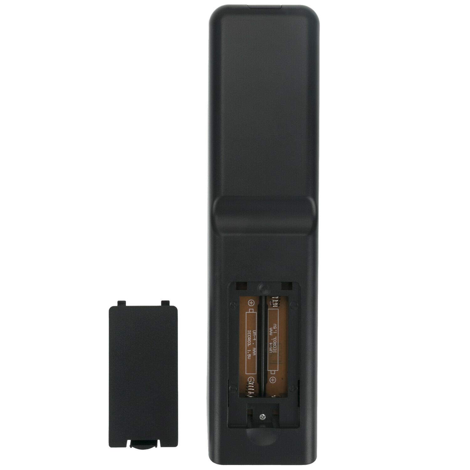 Back of the ALLIMITY remote control with the battery compartment open, showing where to insert two AAA batteries.