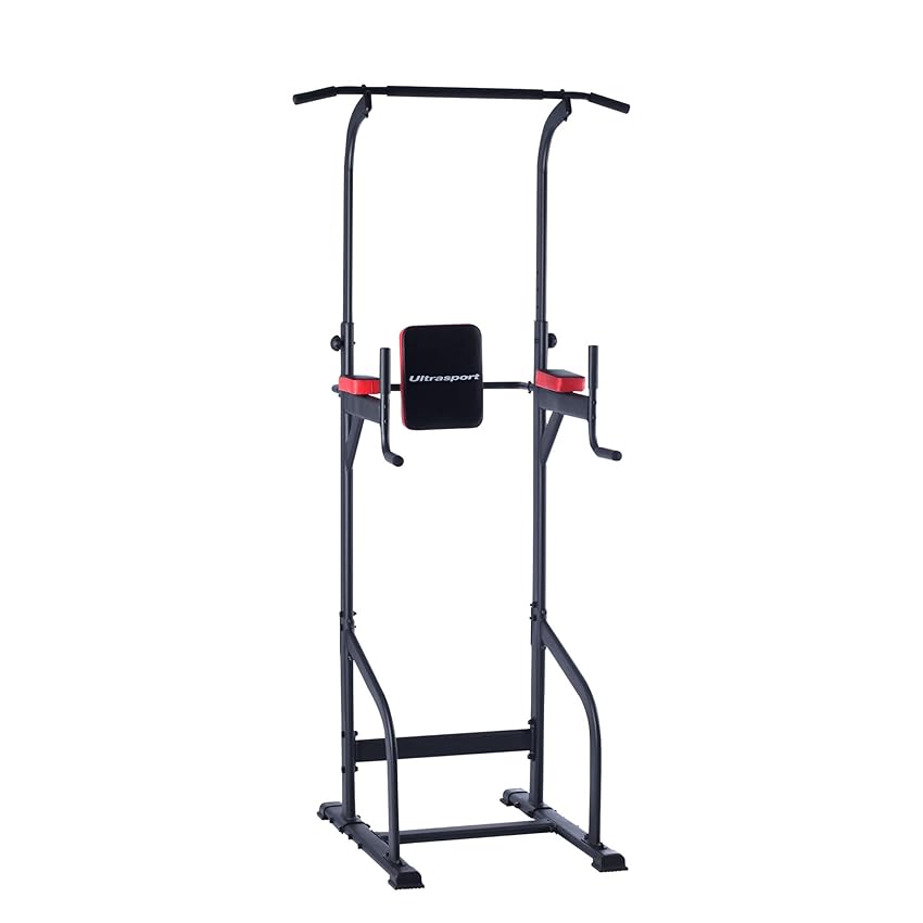 Immagine del prodotto Ultrasport Power Tower, stazione fitness multifunzione per allenarsi a casa, dip station, sbarra sollevamento, impugnature per flessioni, regolabile altezza, Nero - Rosso