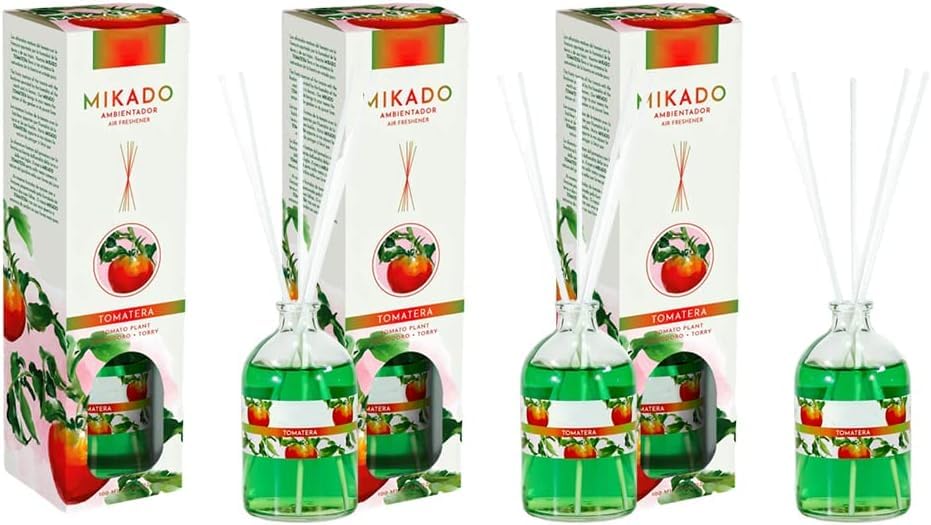 PCMOVILES Mikado Ambientador TOMATERA 100 ml – Pack de 3 Unidades – Aroma Fresco y Natural – Difusor de Varillas para Casa, Oficina y Armario