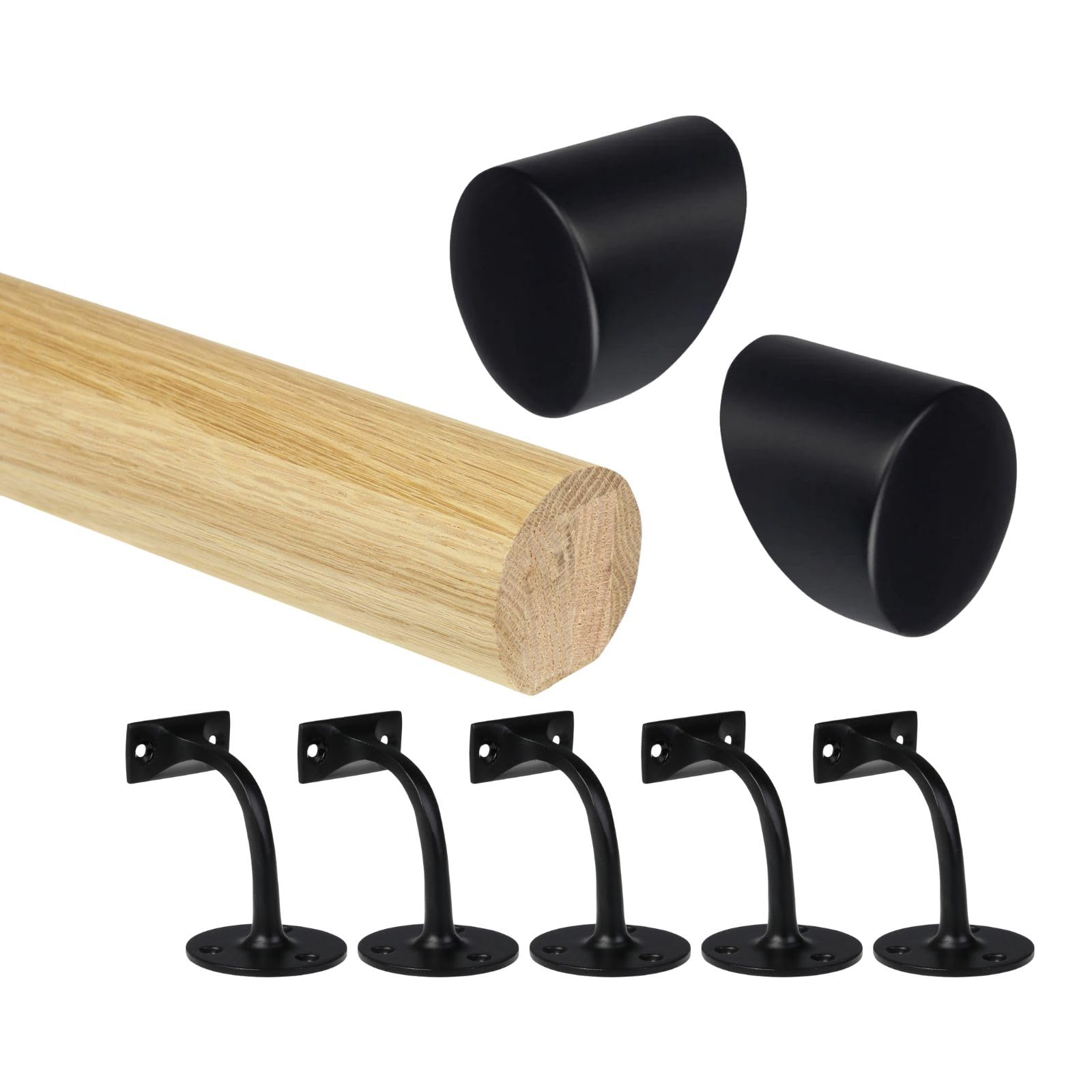 Jackson Woodturners Black Oak Round Mopstick Handrail Kit With Wall Brackets & Forge End Caps – 1800–4200Mm, Chrome/Black/Brushed Nickel/Antique Brass (, 4200Mm)