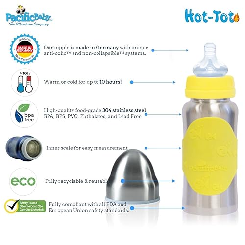 Miniatura 3 de Pacific Baby Hot-Tot - Biberón ecológico aislado de acero inoxidable para bebés, pezón anticólico, 7 onzas