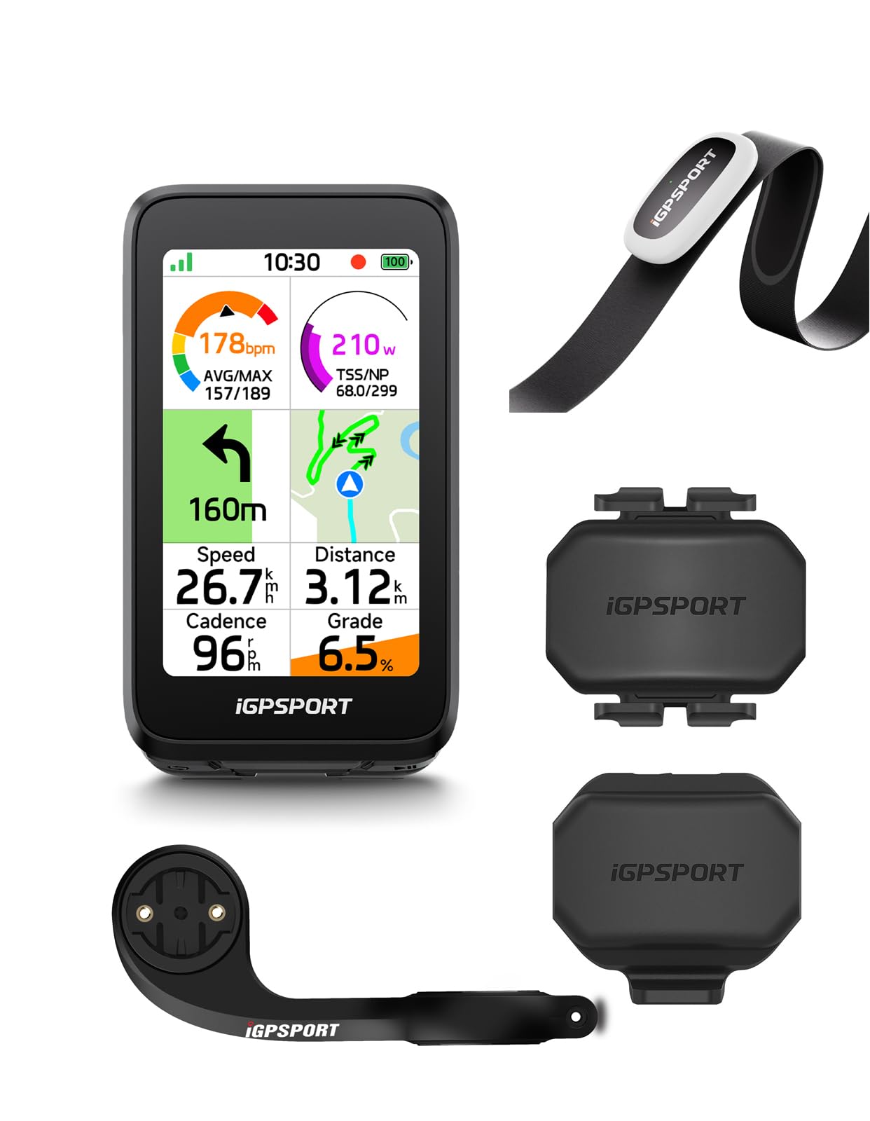 iGPSPORT BiNavi Air Compteur Velo sans Fil et HR50 Ceinture Cardio et CAD70 Capteur de Cadence+SPD70 Capteur de Vitesse et M80 Support de Vélo