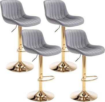Velvet Bar Stools Set of 4, Adjustable Counter Height Bar Stools with Back and Footrest, Gold Swivel Bar Stools Set of 4 for Kitchen Island, Bar, Cafe Grey
