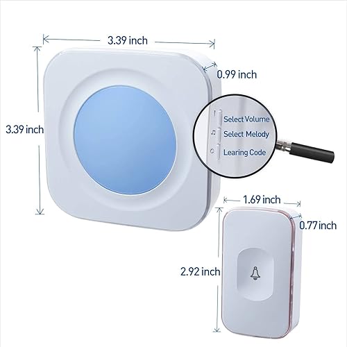 Miniatura 9 de Timbre inalámbrico de 1200 pies impermeable para el hogar con 36 melodías, 4 niveles de volumen, luz LED flash (1 receptor y 1 botón táctil blanco)
