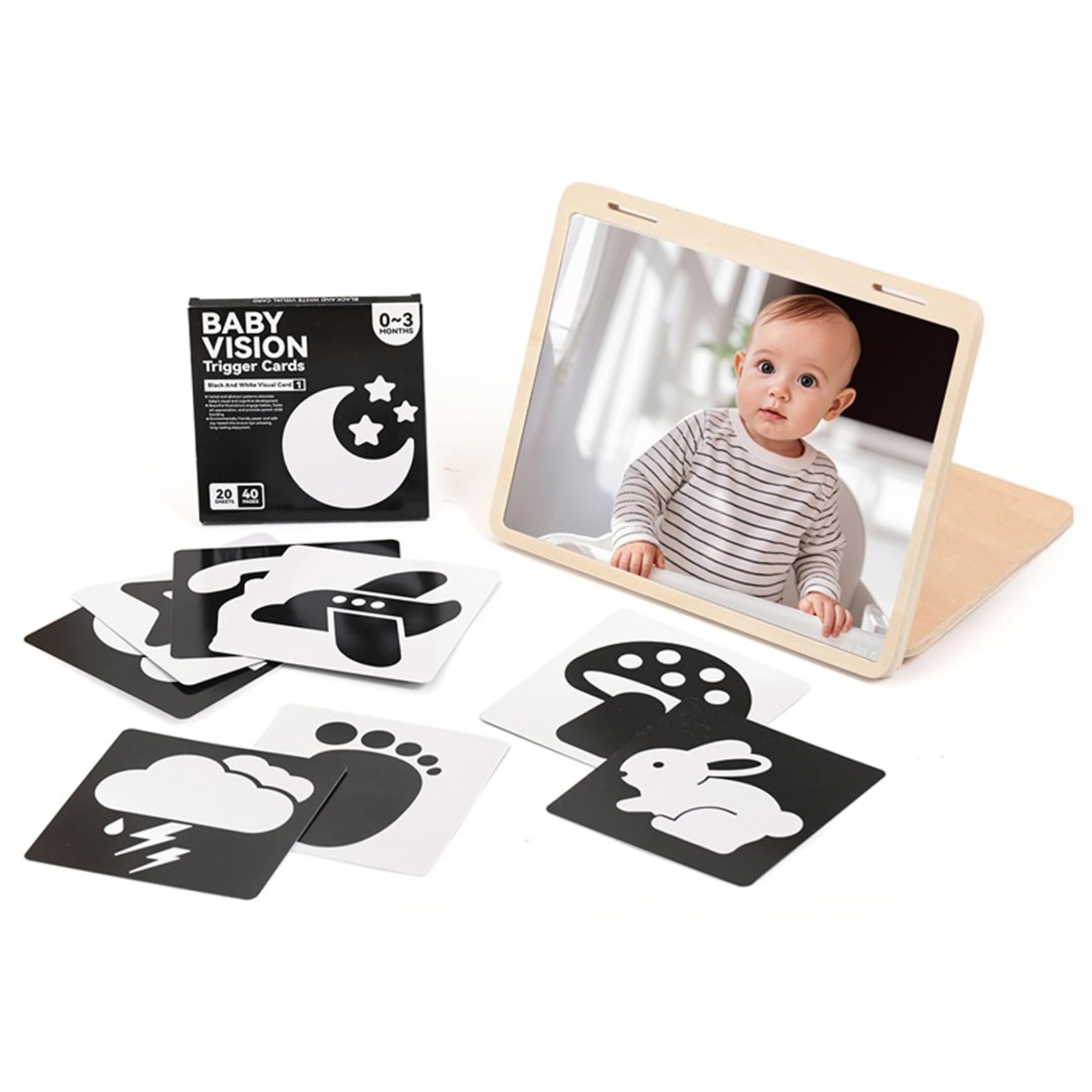 Espejo para bebé, juguete para el tiempo boca abajo, espejo para bebé, juguete para el tiempo boca abajo, sensorial Montessori con soporte ajustable y tarjetas visuales para recién nacidos de 0 .