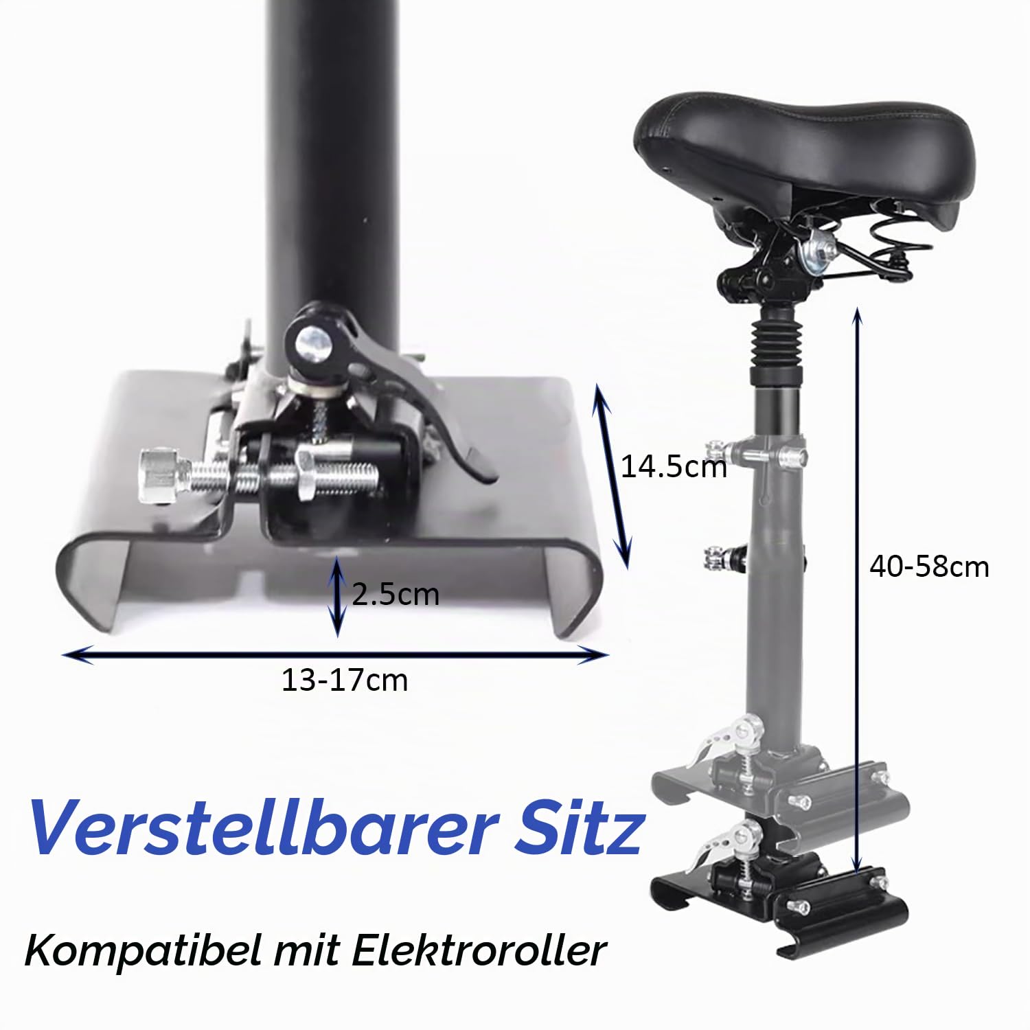 Elektrorollersitz für Erwachsene, E Scooter Sitz für 13cm-17cm, Universal Scootersitz Mit 40-58cm Höhenverstellung, Faltbarer Rollersitz, Sattel für Roller, Gewichtskapazität 100KG