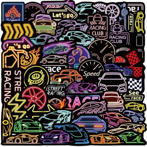 Pegatinas de Carreras de Neón.,50 Piezas Neon Racing Car Impermeable Vinilo Pegatinas para Monopatín Ordenador Portátil Equipaje Moto Bicicleta Guitarra Taza Botellas de Agua Casco,para niños y niñas
