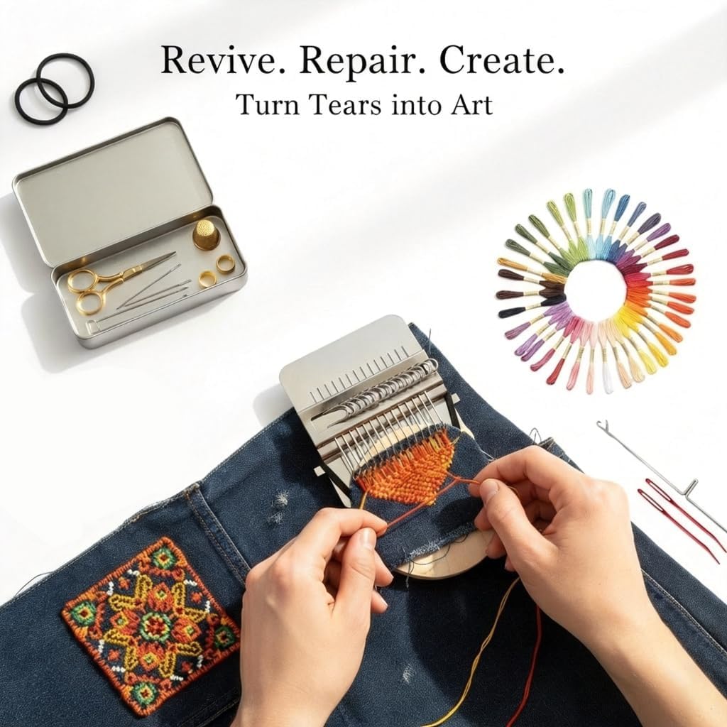 Gohgoh Knit Patch Loom Kit with 50 Colors Threads - Darning Loom (14 Hooks) Speedweve Type Weave Tool, Mini Portable Mending Machine for Jeans, Socks & Clothes Holes Repair (Full Beginner Set)