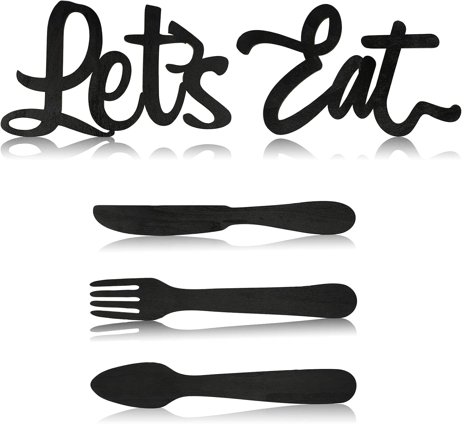 5 Pieces Wooden Let's Eat Sign, Fork Spoon and Knife Wood Wall Decor, Rustic Wood Kitchen Hanging Decoration, Cute Eat Decoration for Kitchen Home Dining Room Cafe Restaurant (Black)