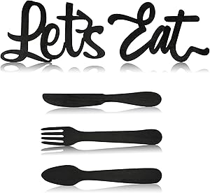 5 Pieces Wooden Let's Eat Sign, Fork Spoon and Knife Wood Wall Decor, Rustic Wood Kitchen Hanging Decoration, Cute Eat Decoration for Kitchen Home Dining Room Cafe Restaurant (Black)