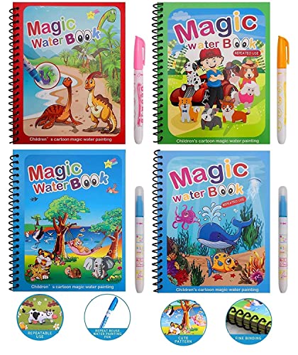 Crowd Clicks® Kid’S Magic Water Colouring Books Unlimited Fun With Drawing Reusable Water Activity Pad | Chunky-Size Water Pen For Kids | Random Design | 4 Books & 4 Pens | Multicolor |