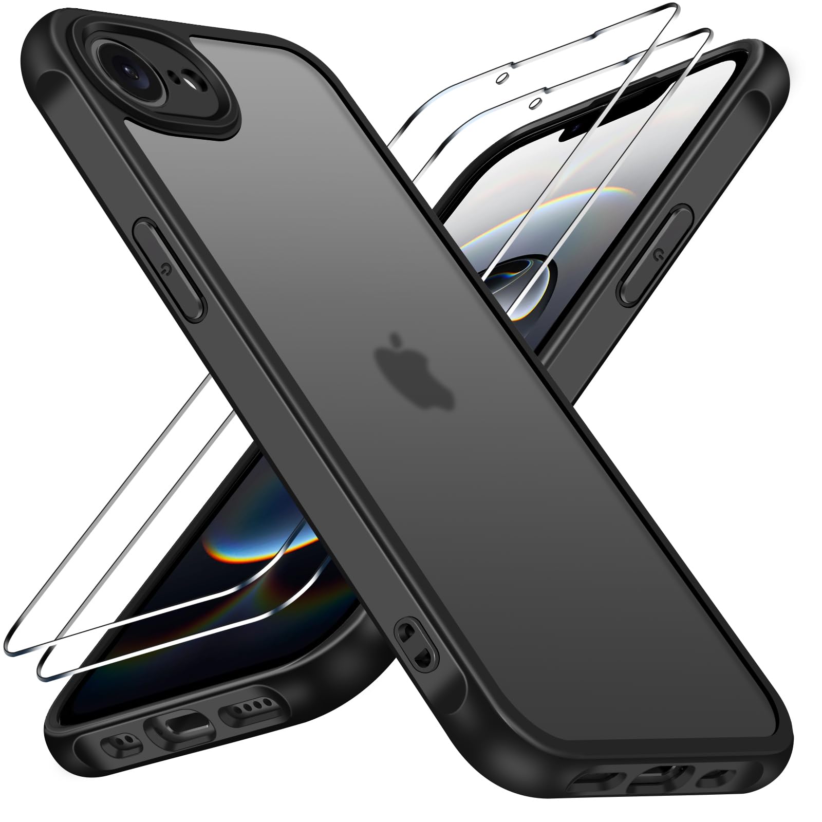 ivoler 3-in-1 Case for iPhone 16e 6.1" 2025 with 2 Pack Tempered Glass Screen Protector [Military Grade Protection], Frosted Translucent Back Phone Cover- Matte Black