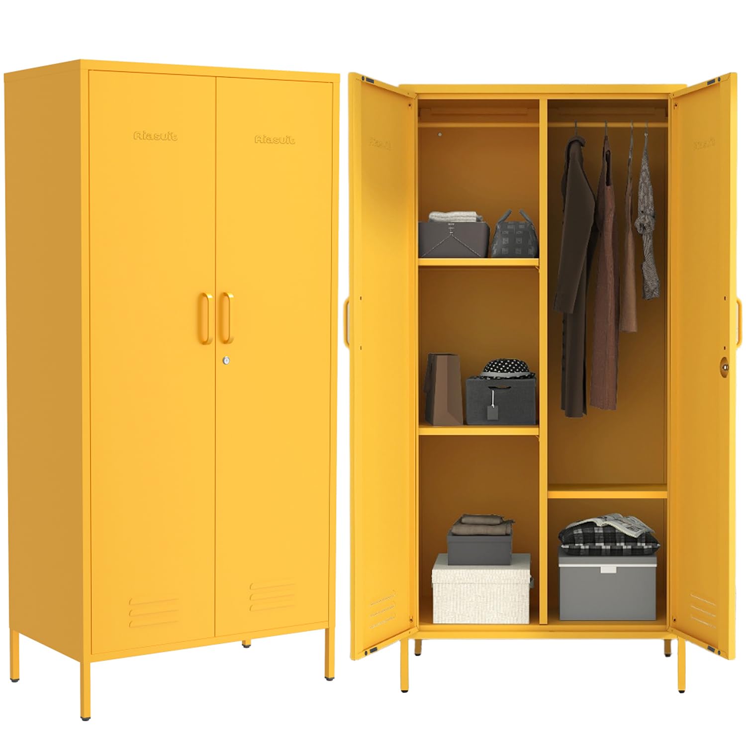 2 Door Wardrobe 67 Inch Yellow Metal Storage Cabinet With Hanging Rod Office Double Door Lockable Metal Adjustable Shelves Armoire Bedroom Home Office
