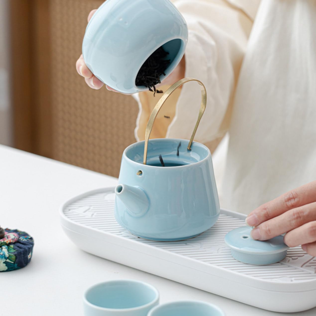 携帯用茶器セット 2色 茶器揃 茶芸 陶器 収納バッグ付き 茶器揃