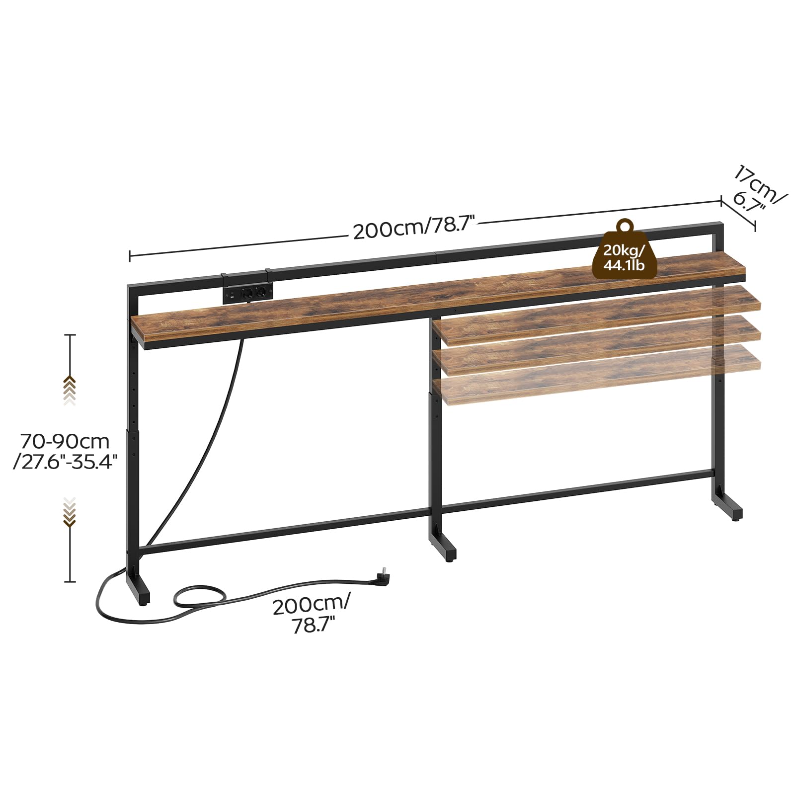 YATINEY 200 cm Konsolentisch mit Verstellbarer Höhe (70–90 cm), Langer schmaler Flurtisch mit verschiebbarer Steckdosenleiste (2AC, 1USB-A, 1USB-C), Langer Eingangstisch für Wohnzimmer, XCT22CBR