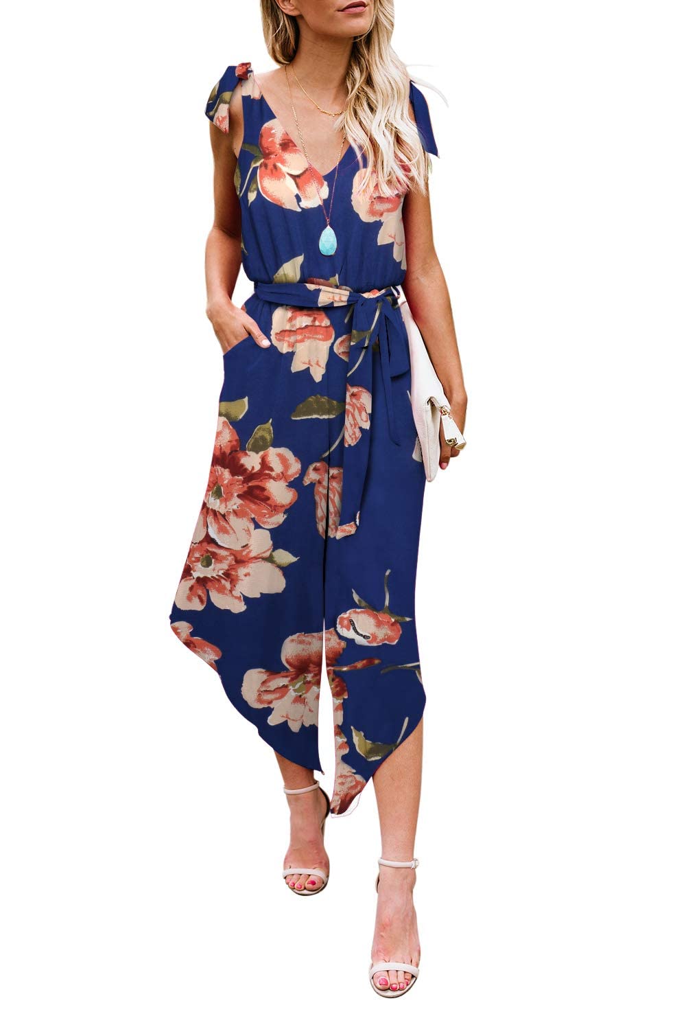 Photo 1 of BELONGSCI Women 2024 Summer Jumpsuit, Outfit Sleeveless Shoulder V-Neck Long Romper Jumpsuits with Belt Navy Begonia-8814 Medium