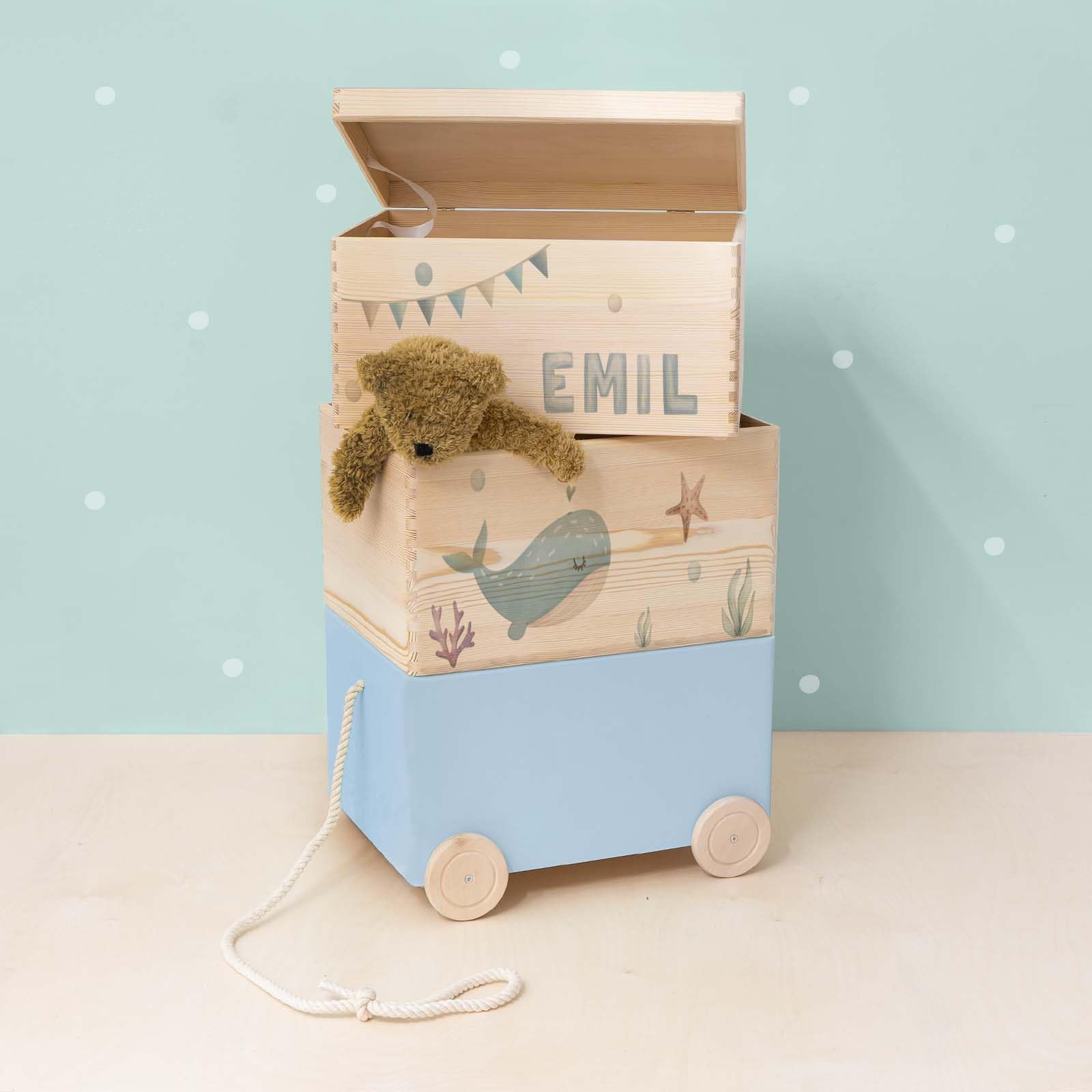 hellomini Personalisierte Spielzeugkiste aus Holz zur Aufbewahrung - Stapelkiste Holz - Spielzeugkiste Kinderzimmer - Personalisiertes Geschenk für Kinder (Wal 3er)