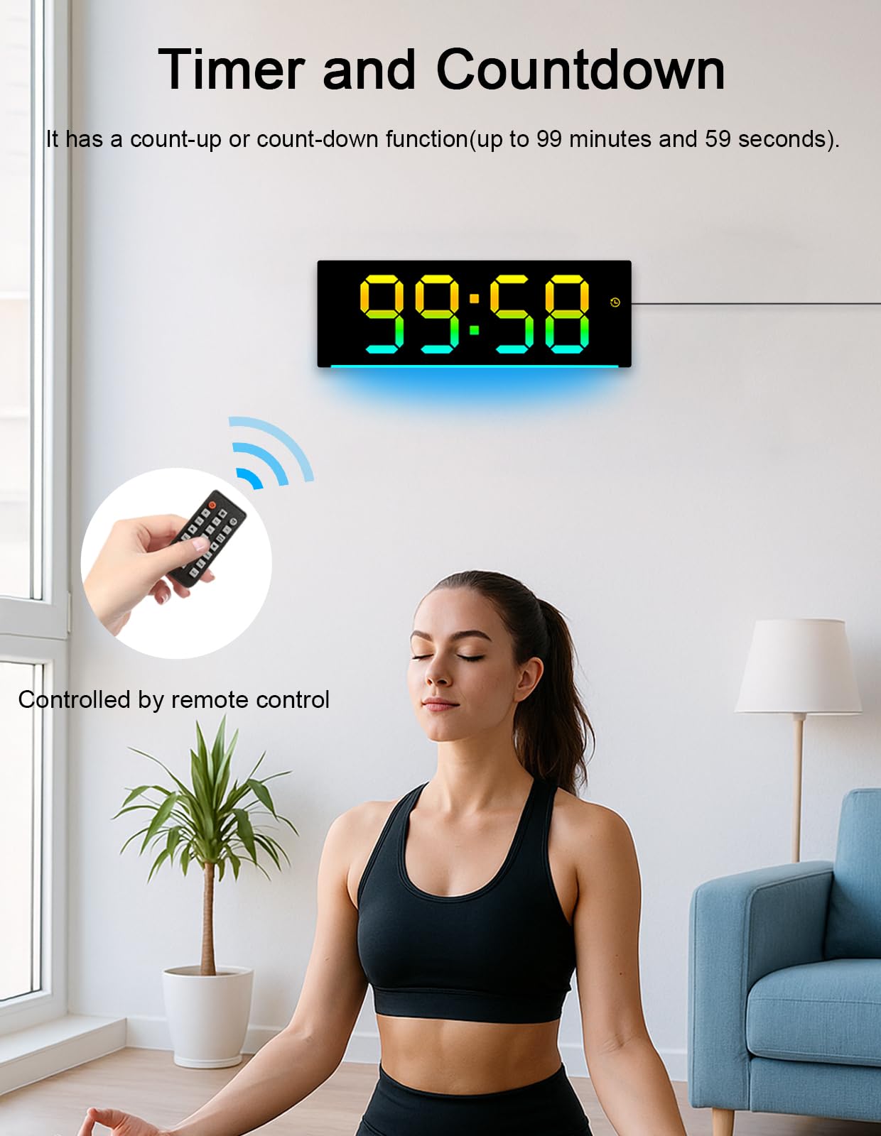 Cyfrowy zegar ścienny, duży wyświetlacz, z pilotem zdalnego sterowania, kolorowy zegar cyfrowy RGB LED z datą i dniem tygodnia, automatyczna jasność, czas letni, temperatura, cyfrowy budzik do