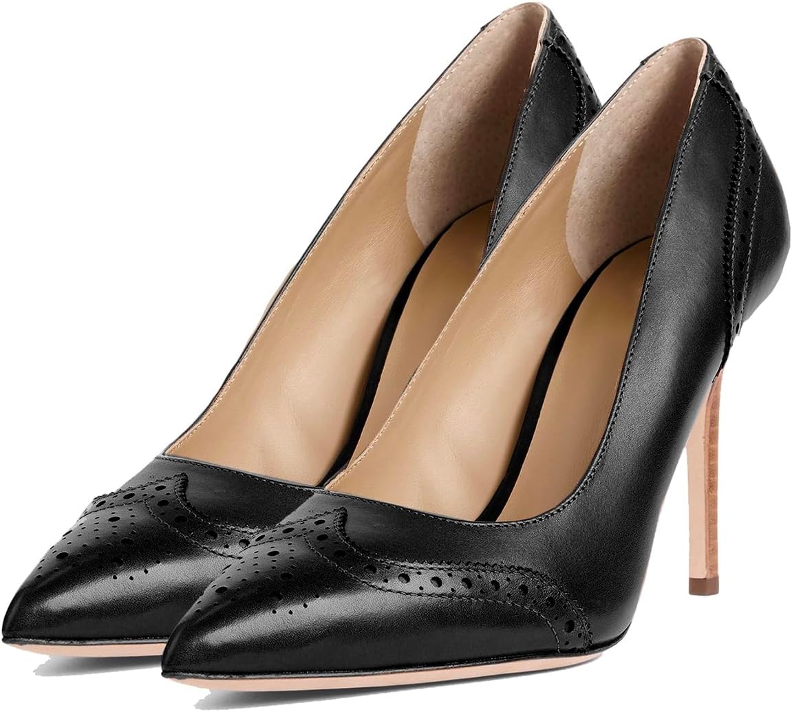 SHODENSE Women Pointed Toe Stiletto Heel Pumps Oxford Slip On High Heels Two Tone Perforated 4 inch Stiletto High Heels Pointy Closed Toe Dress Heels Wingtips Vintage All Black 8.5 M US