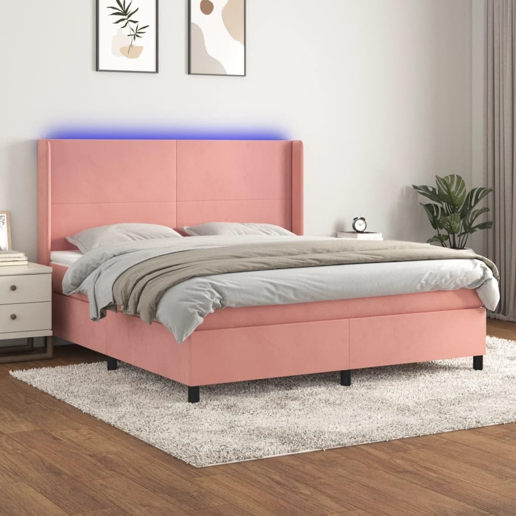 Aksamitny z regulowanym zagłówkiem LED Różowe 180x200 cm | Łóżko kontynentalne z materacem i LED, różowy aksamit 180x200cm, regulowany zagłówek, sprężyny kieszeniowe