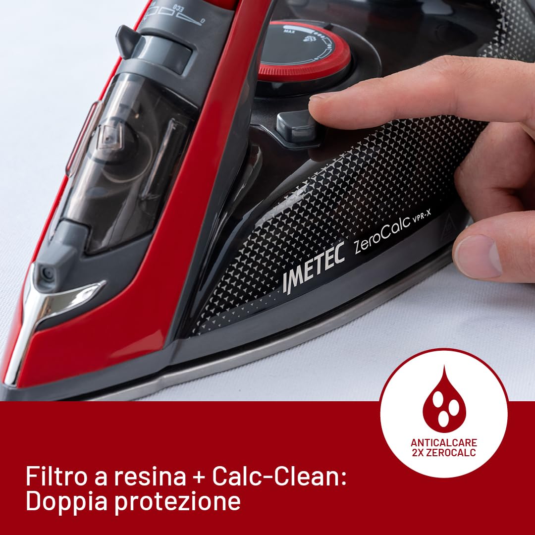 Imetec Zerocalc VPR-X – Ferro da stiro a vapore 2600 W con colpo vapore 220 g, sistema 2X Zerocalc anticalcare, piastra in acciaio satinato con finitura laser e punta di precisione, leggero