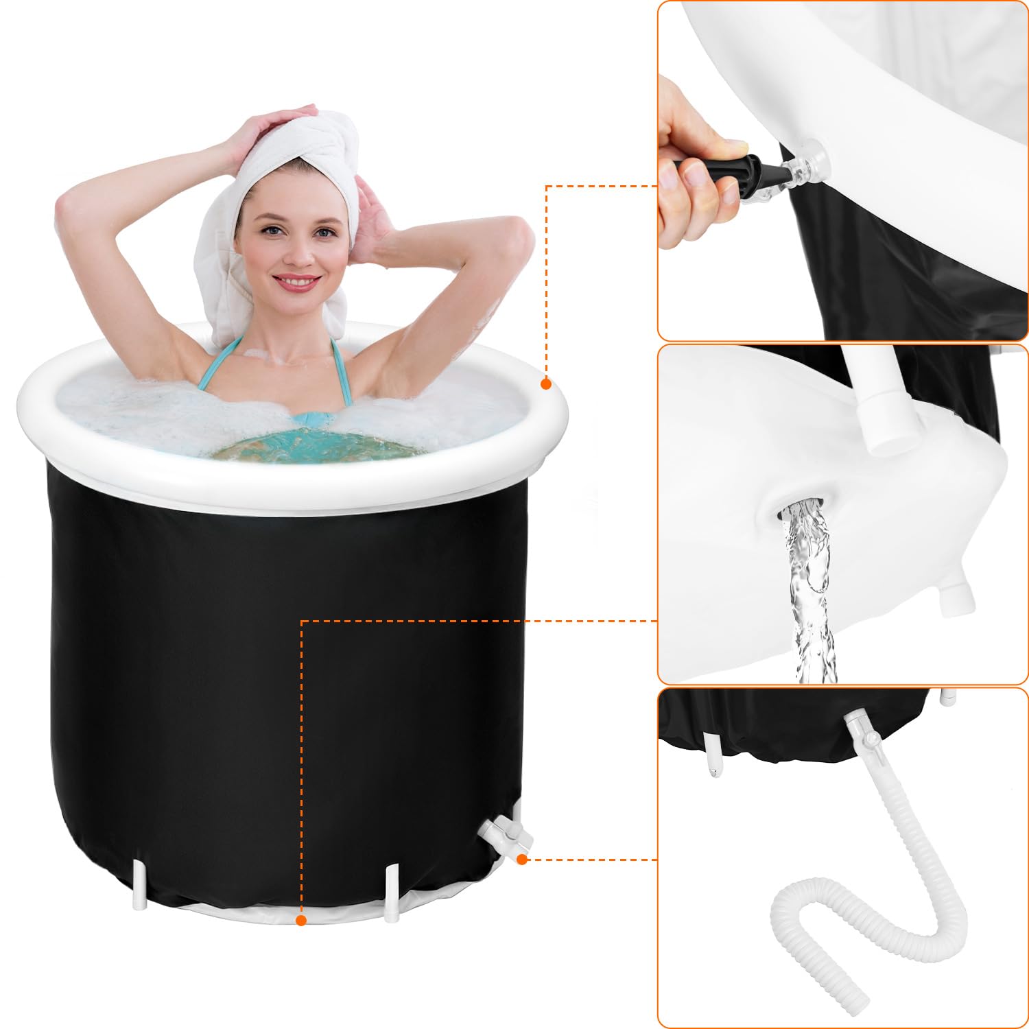 QWORK® vasca da bagno portatile per adulti, 75x80cm nero, vasca pieghevole per doccia, bagno, esterno