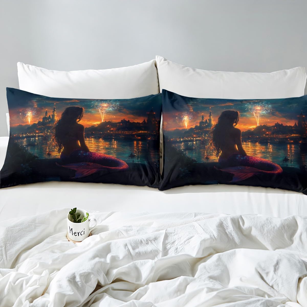 Mermaid Girl Fitted Sheet Full for Boys Kids Teens,Coastal Sealife Princess Girl Bedding Set(No Top Sheet),Happy New Year Themed Bed Sheet,City Fireworks Bed Cover,2 Pillowcases