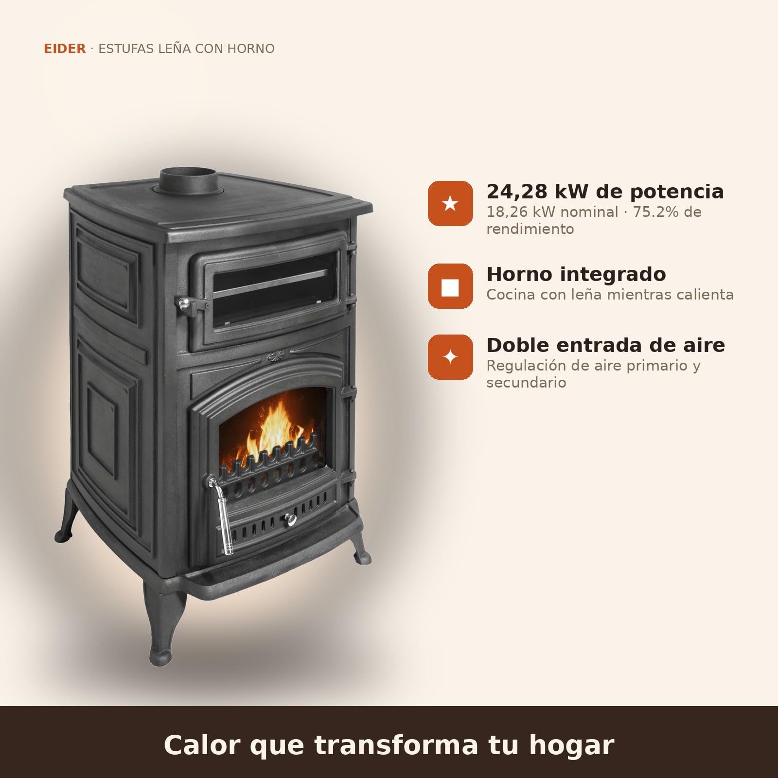 EIDER BIOMASA Estufa Leña ANTARES IRON con Horno – 16,28 kW – Fundición Completa – Horno 16×29×41 cm – Hasta 315 m³ – 91×59×61 cm – Clase A