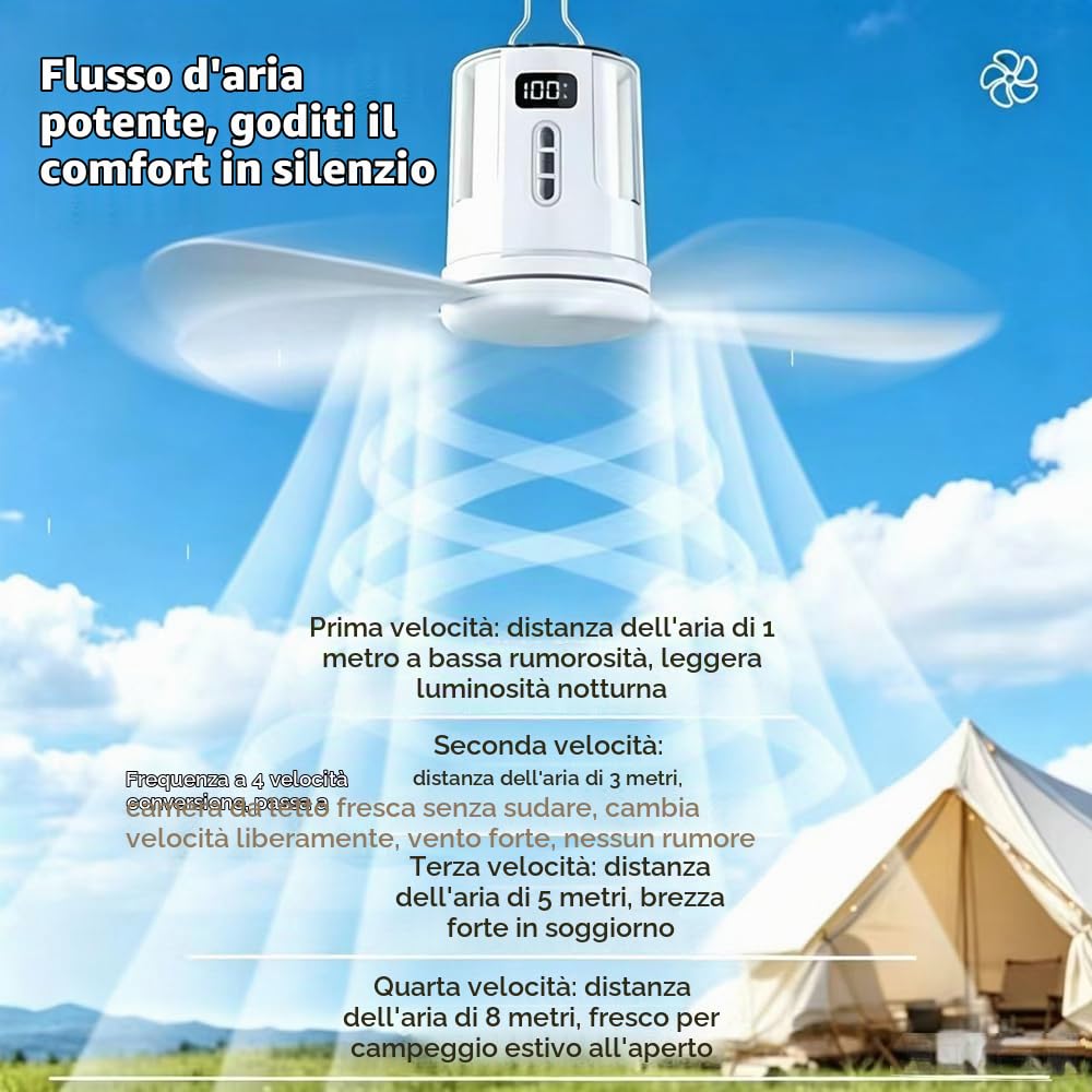 Ventilatore da soffitto con illuminazione da campeggio, ricaricabile, ventilatore da soffitto con luce e telecomando, USB, timer, piccolo ventilatore da soffitto con batteria da campeggio per esterni