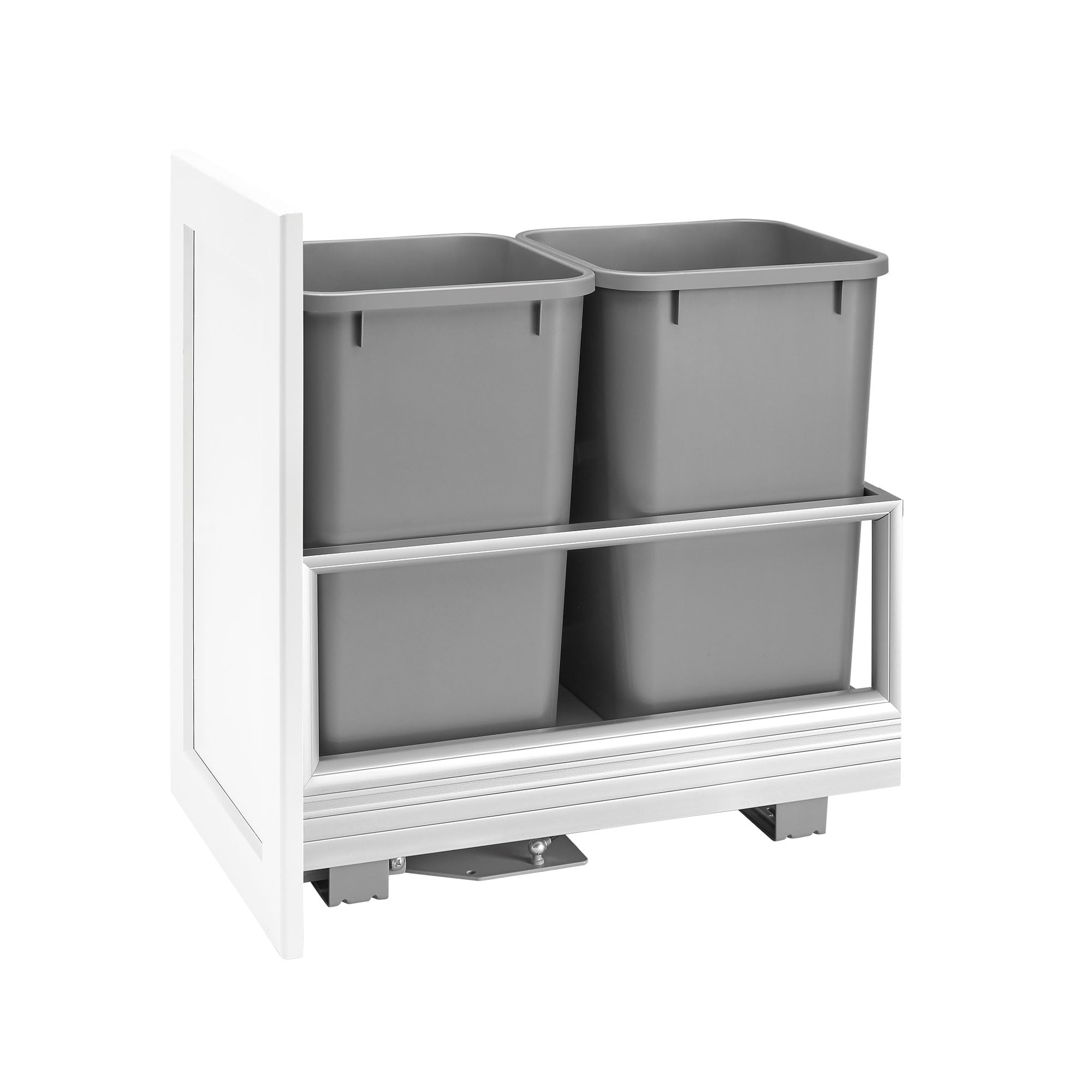 Rev-A-Shelf Double 27 Quart Pull Out Trash Can for Base Kitchen Cabinets, Storage Garage Bin on Wire Basket with Soft Close, Silver, 5149-1527DM-217