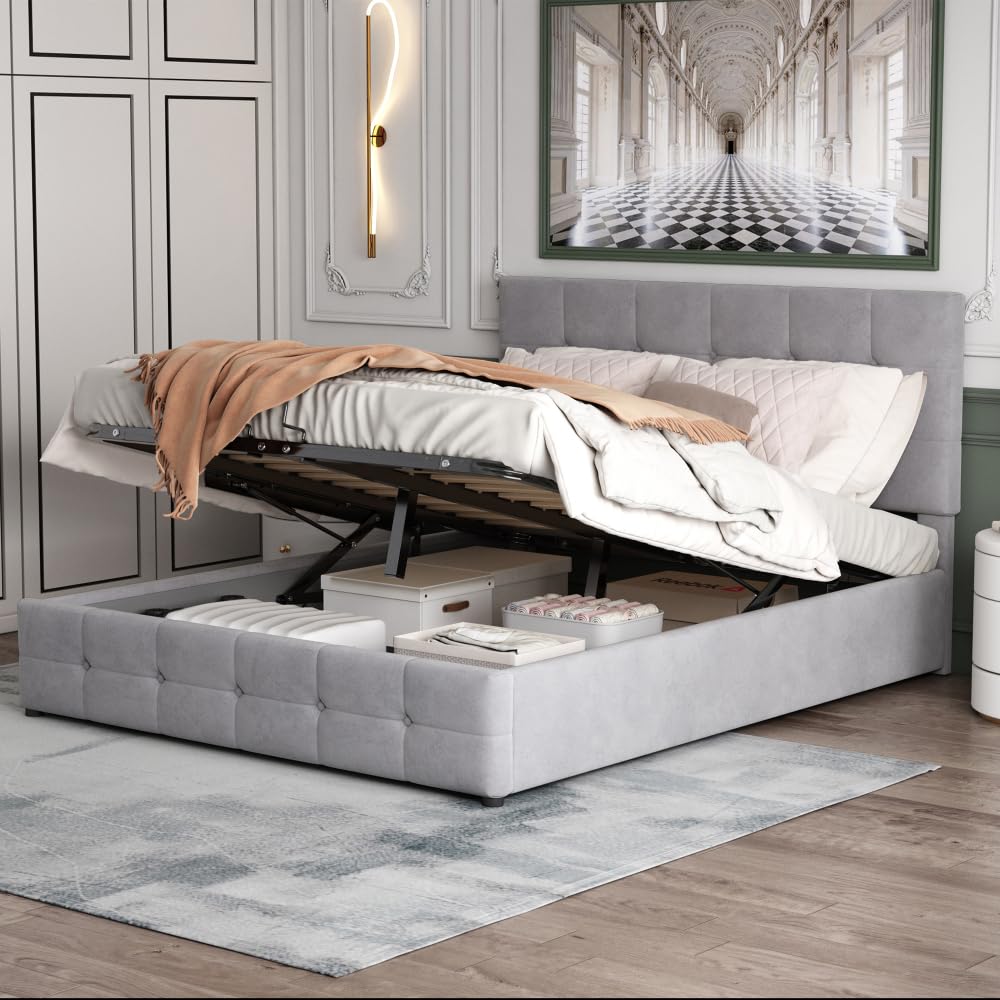 Cama hidráulica de material elevador con espacio de almacenamiento, somier de láminas de metal, funda de terciopelo, ahorra espacio para apartamentos pequeños