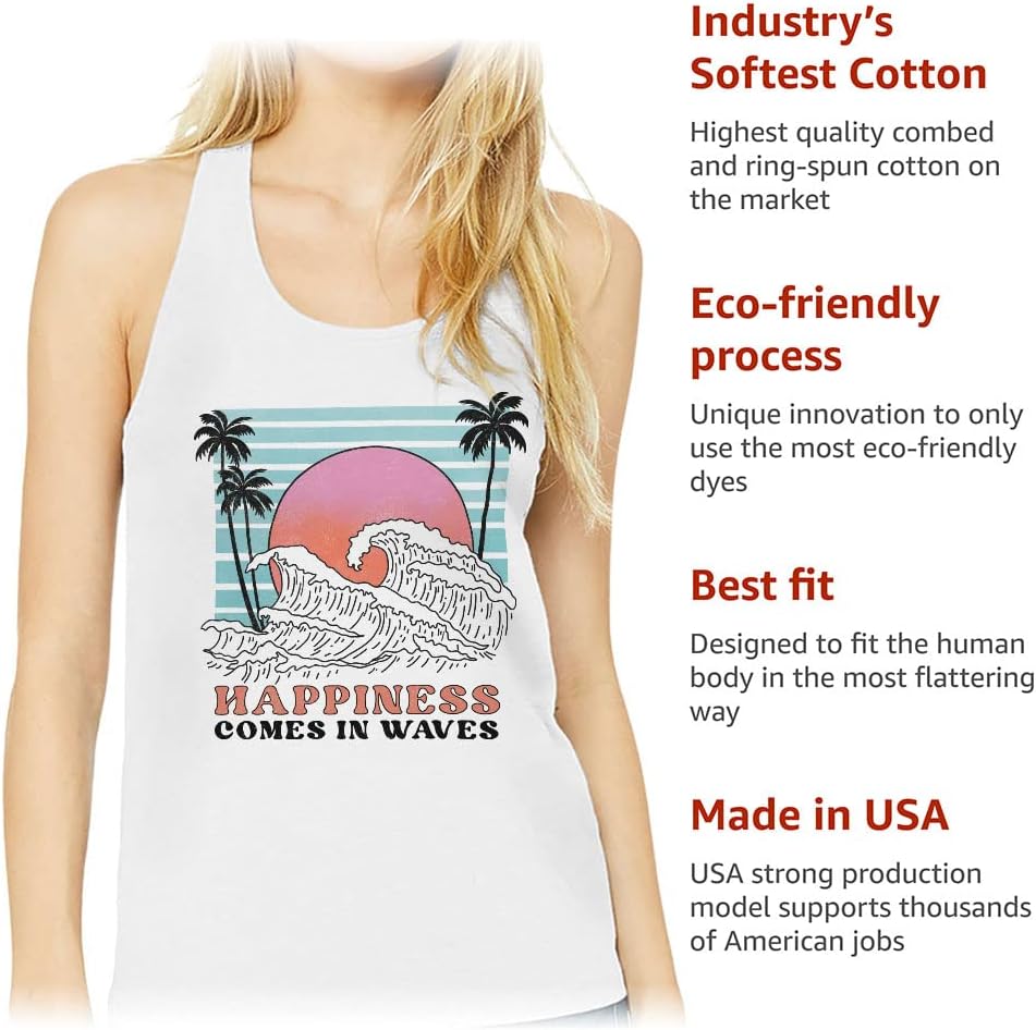 Happiness Comes in Waves Women's Racerback Tank - Print Tank Top - Wave Workout Tank
