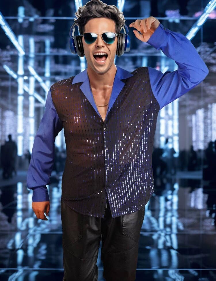 Mens Mesh Sequins See Through 70s Disco Long Sleeve Button Down Shirts - Image 3