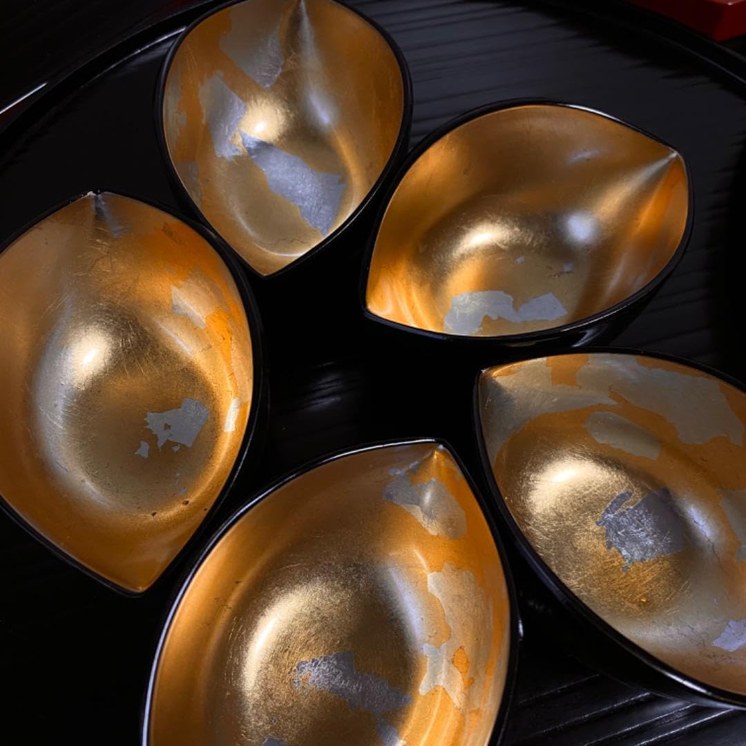 珍味入れ&半月膳5客 セット 金箔 山中塗 手描蒔絵 小皿 金彩