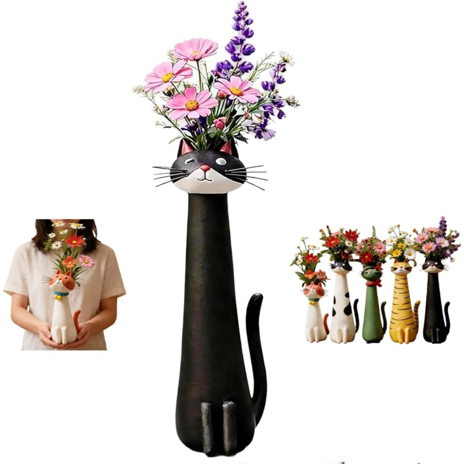 Cute Cat Shaped Resin Vase Handcrafted Animal Sculpture Flower Holder Decorative Ornament for Tabletop Indoor Floral Display (E)