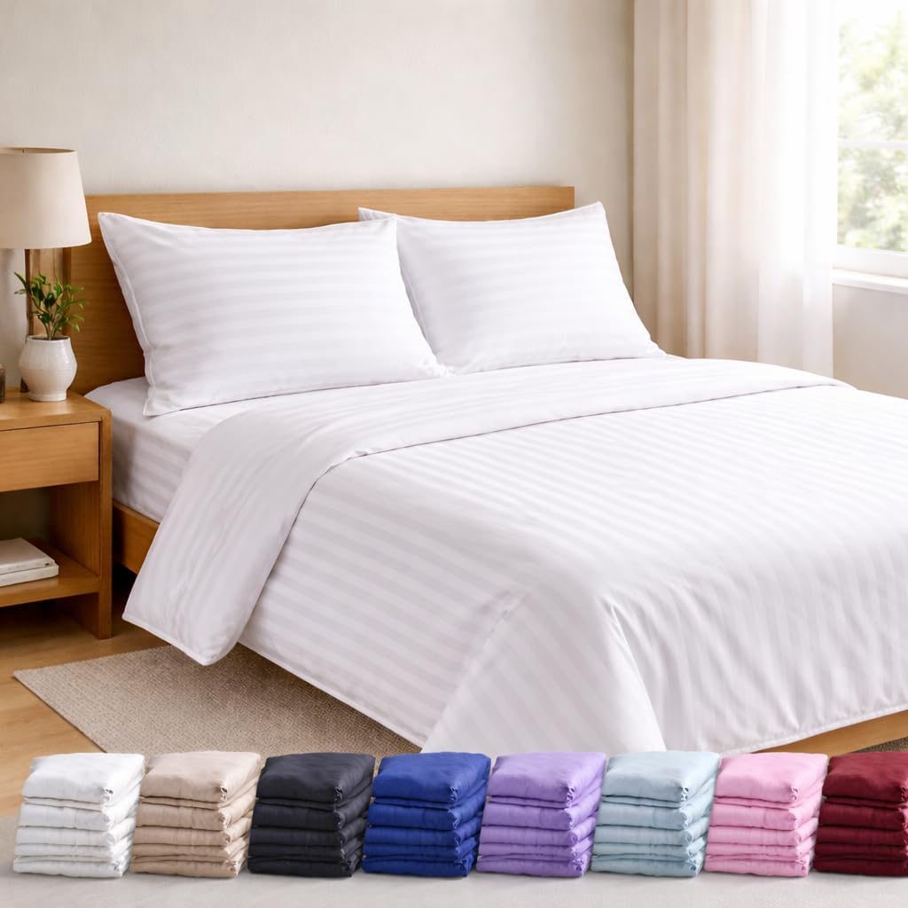 Mattress-Homes Queen Sheet Set 4 Piece, Hotel Luxury Bed Sheets, Soft Breathable Cooling Bedding Set, Deep Pocket Queen Sheets, Comfy Hotel Collection Bed Sheets Set White Stripe