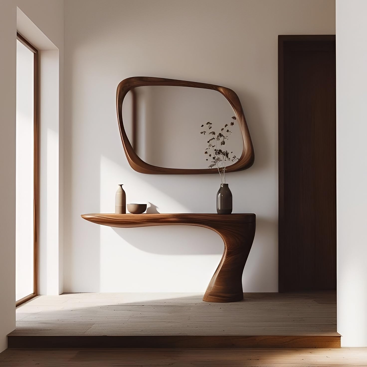 WOOD HOME DECORE Modern Walnut Wall Mirror Frame, Teakwood Curved Frame, Irregular Design, for Bathroom, Bedroom Livingroom Makeup (Without Mirror)-image-1