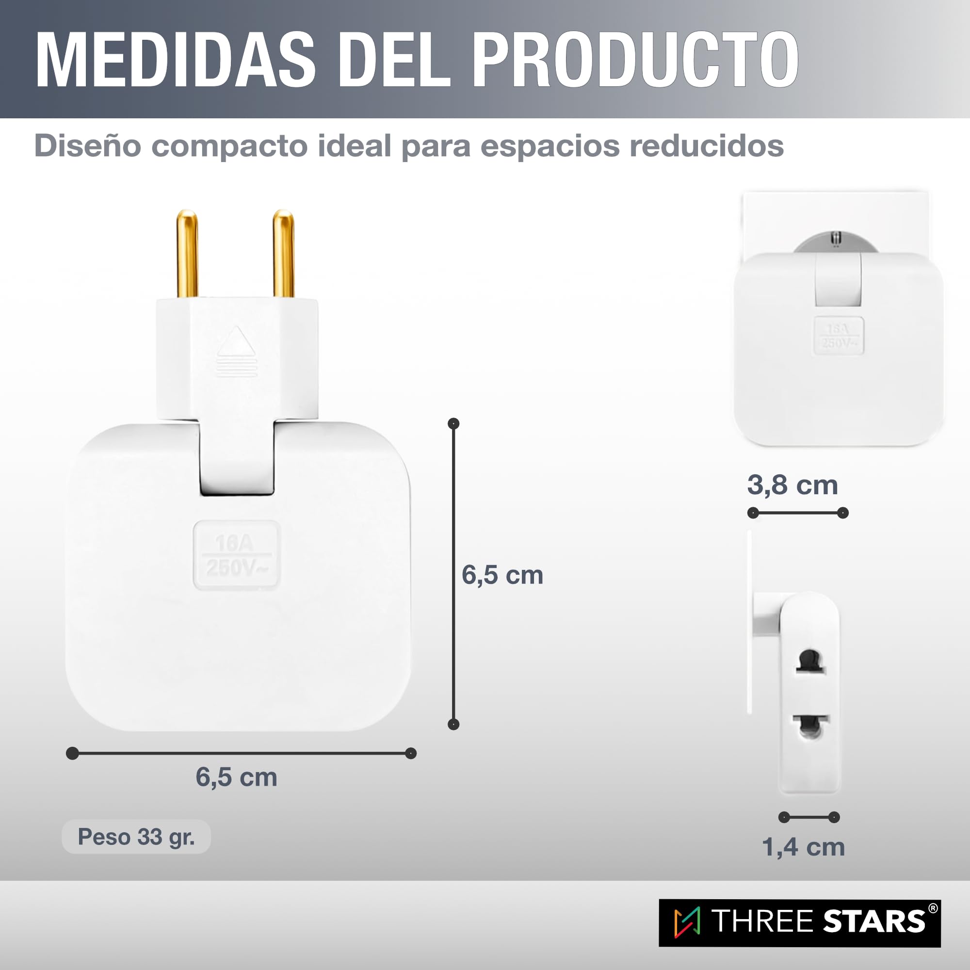 Ladrón Enchufes Plano 3 Tomas - Adaptador Europeo y Americano - Enchufe Plano Pared con Cabezal Giratorio 180º - Enchufe Extraplano para Hogar + Oficina + Electrodomésticos - Color Blanco | 3-Stars — view 6