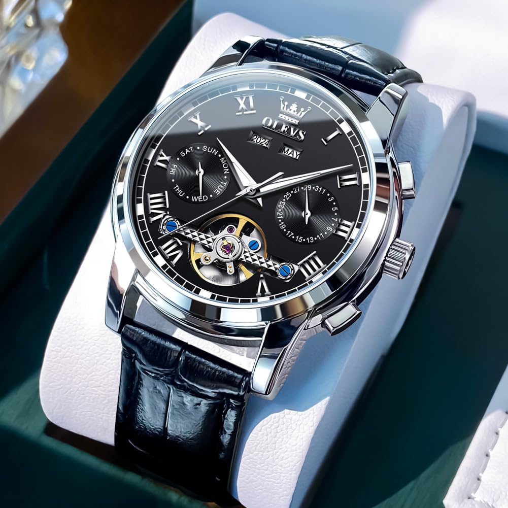OLEVS Men's Watch Automatic Luxury Dress Tourbillon Chronograph Big Face Calendar Self Winding Wrist Watches for Men Business Moon Phase Mechanical Male Watches Luminous Waterproof