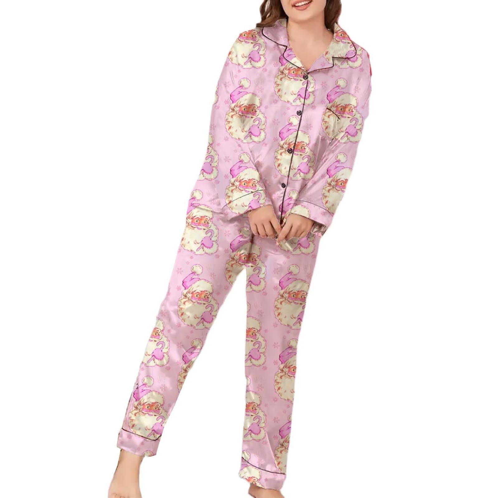 Pyjama de Noël pour femme - Pyjama 2 pièces avec chemisier et pantalon | Haut de nuit à manches longues à revers et pantalon de pyjama long pyjama à motif de Noël avec boutonnière